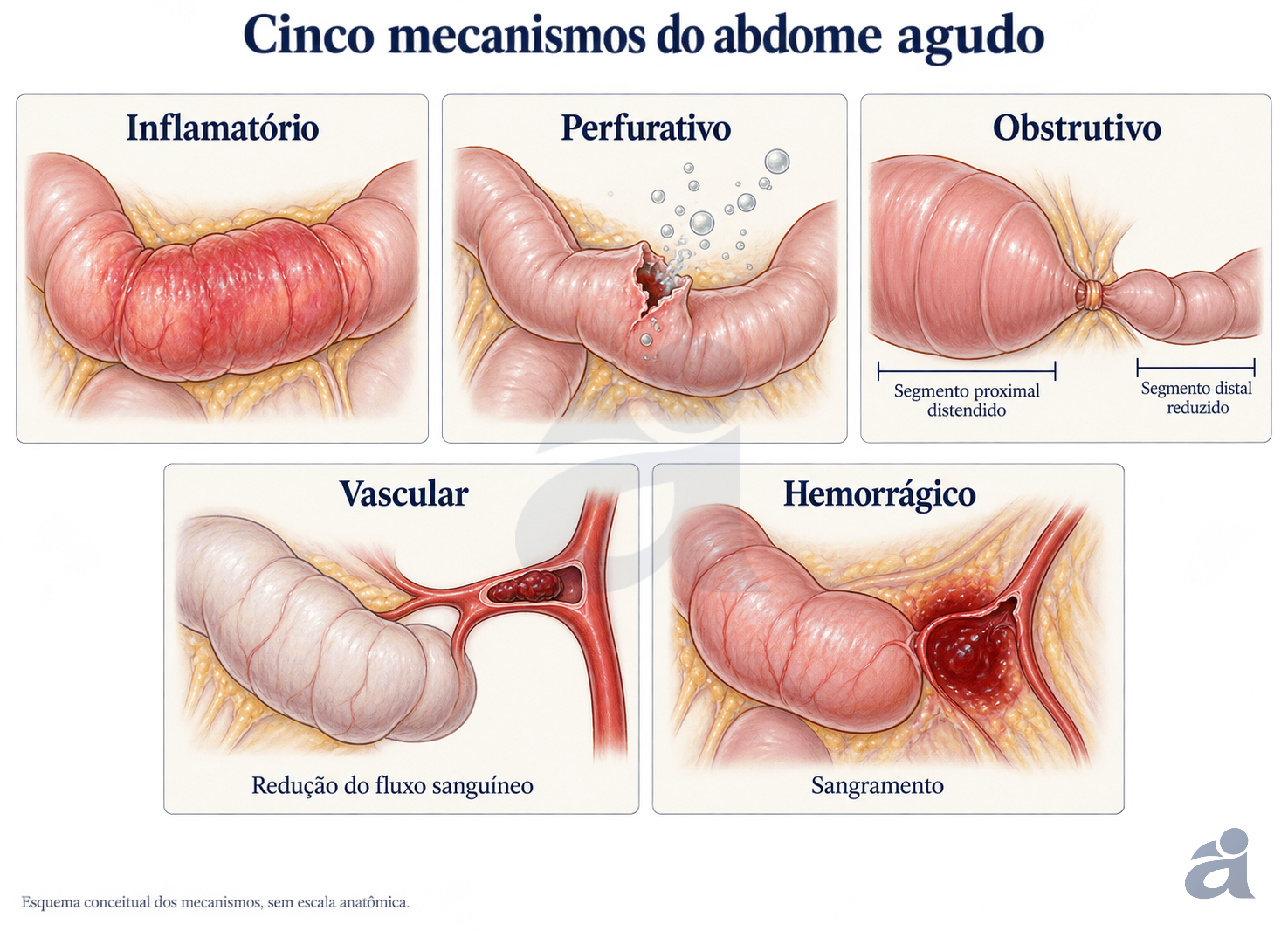 Esquema dos mecanismos inflamatório, perfurativo, obstrutivo, vascular e hemorrágico. A obstrução dilata o segmento proximal; a isquemia reduz o fluxo; a hemorragia extravasa sangue.
