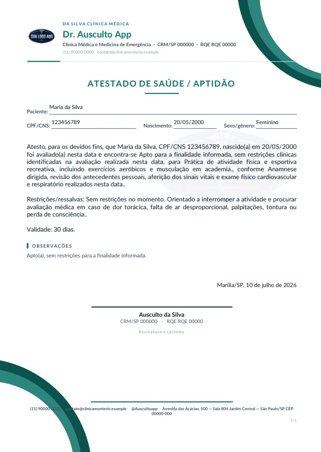 Atestado médico gerado em PDF com timbrado