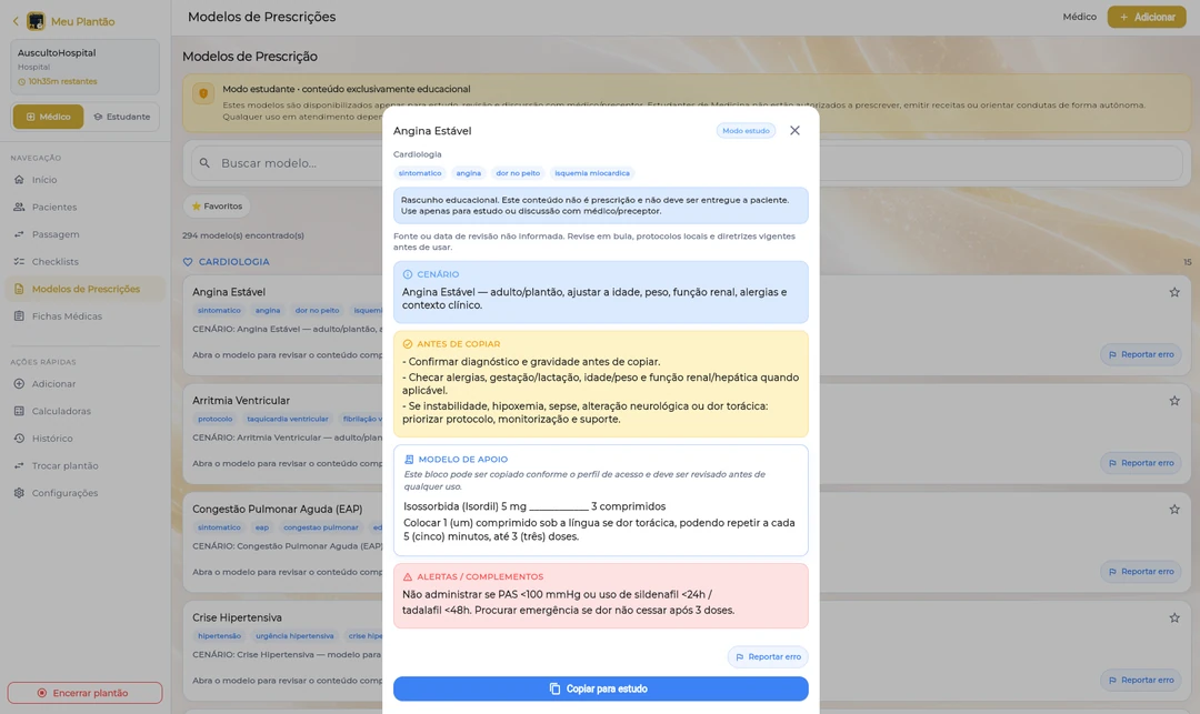 Modelo prescricional de angina com checklist e alertas