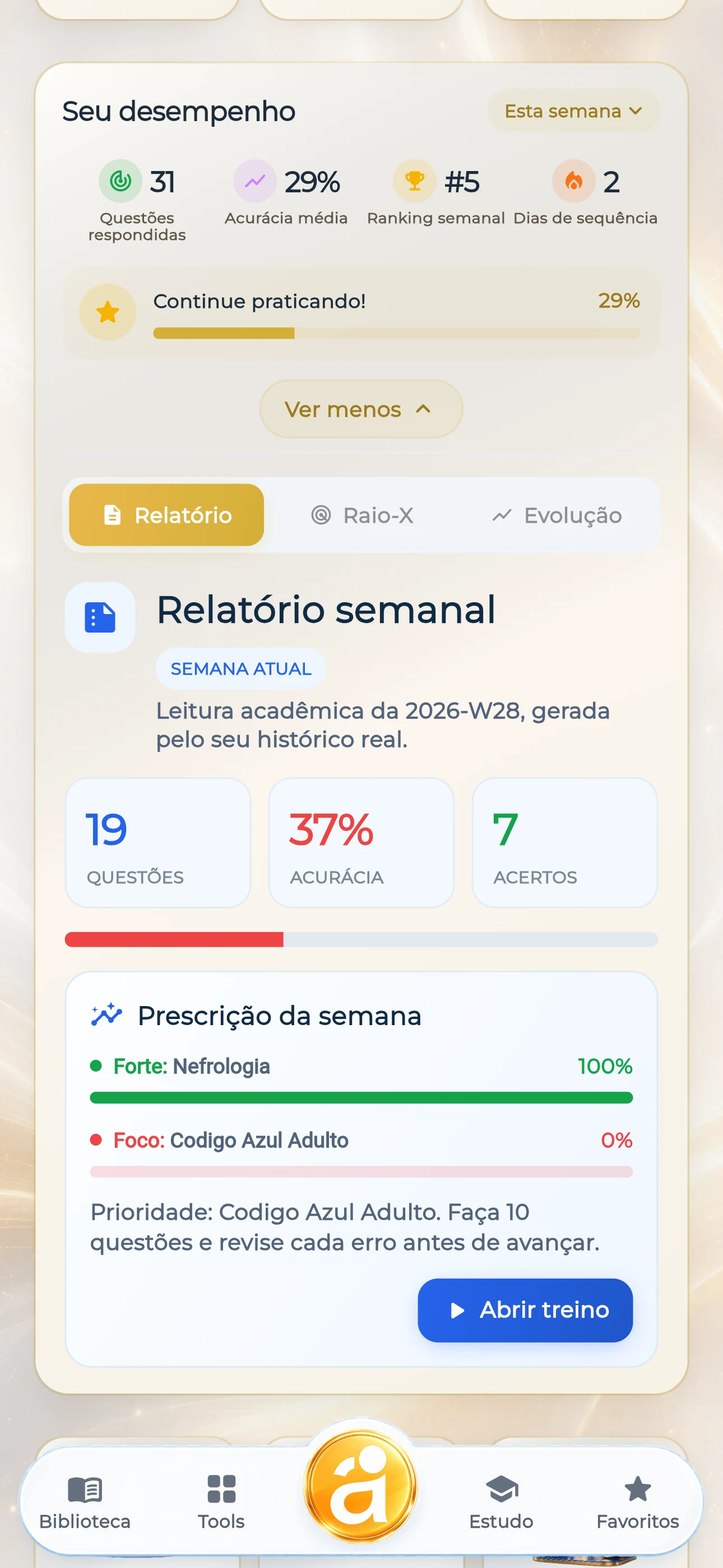Relatório semanal do Ausculto com Raio-X Acadêmico, ranking e prescrição da semana