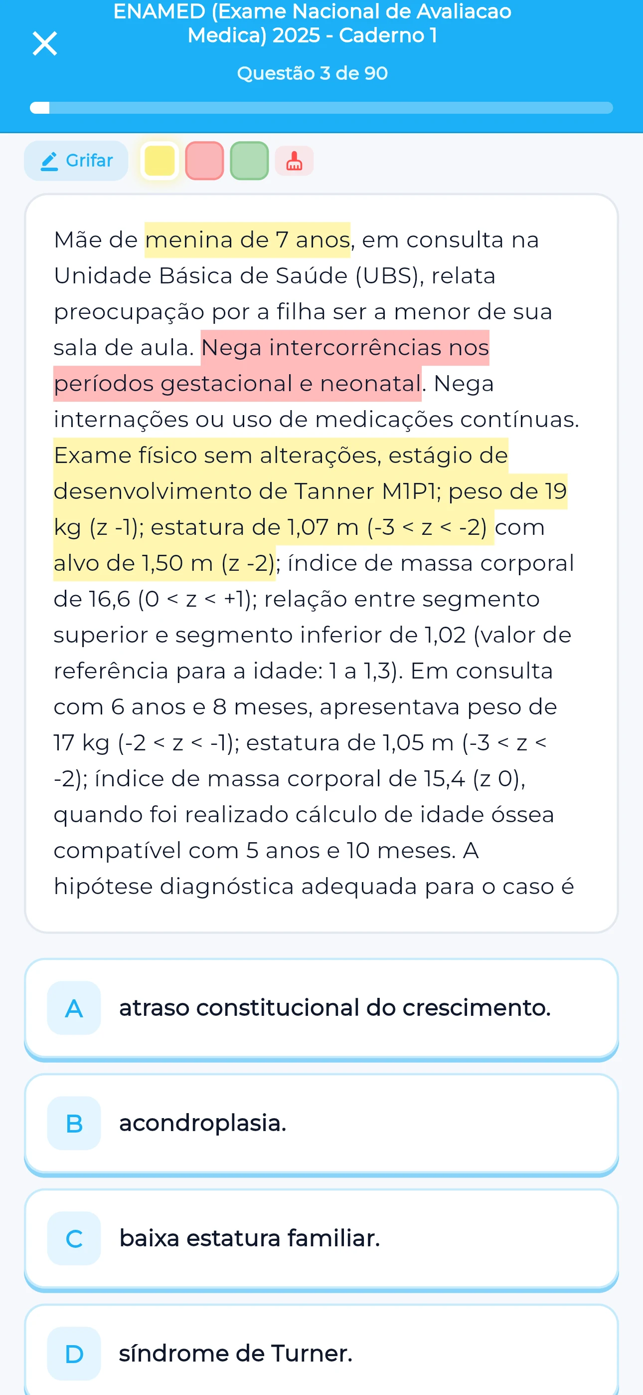 Questão real do ENAMED 2025 no Ausculto, com marcação de texto e alternativas