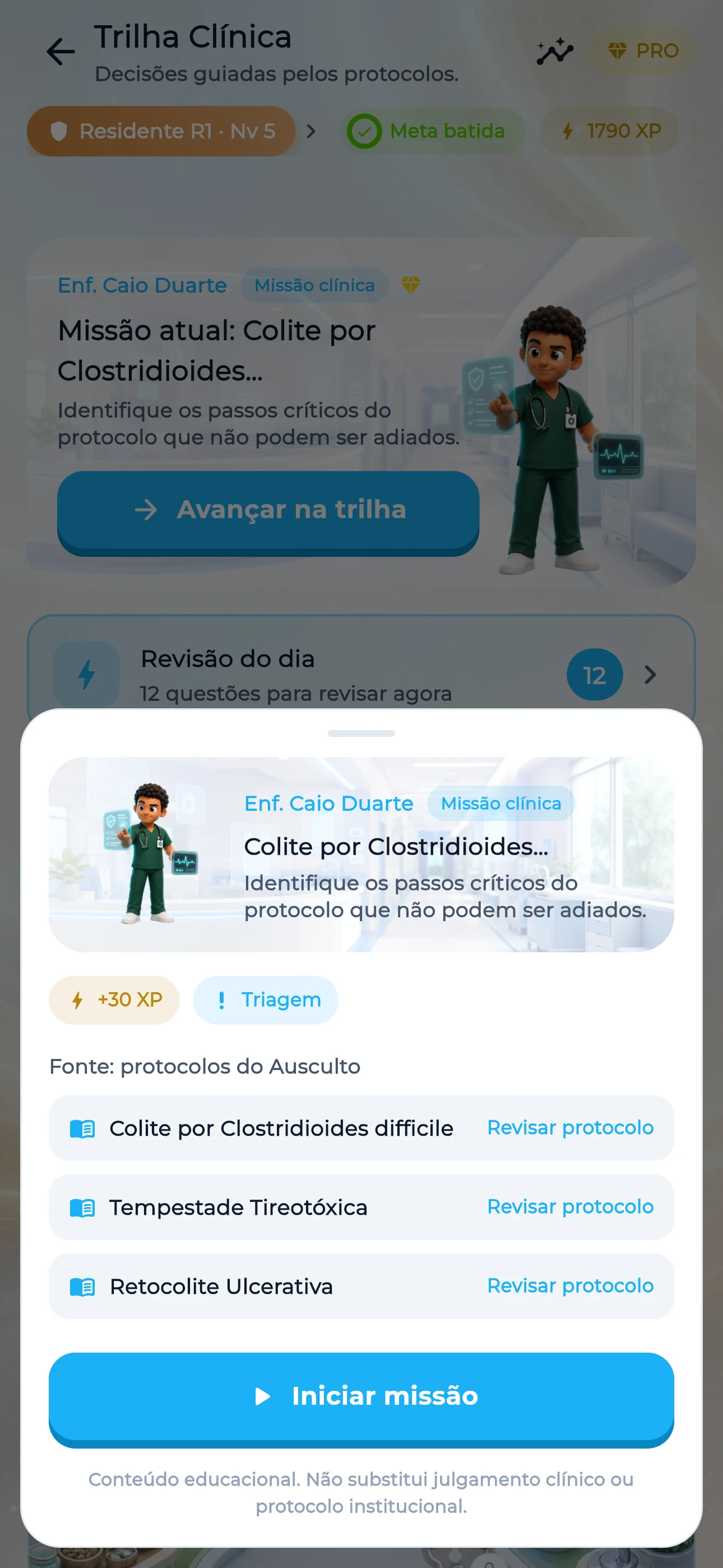 Missão clínica da Trilha do Ausculto com XP, fonte nos protocolos brasileiros e botão iniciar missão
