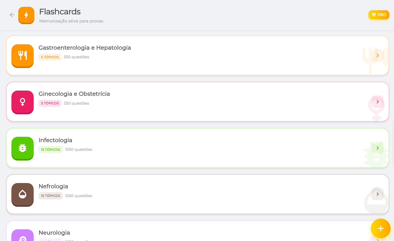 Flashcards por especialidade
