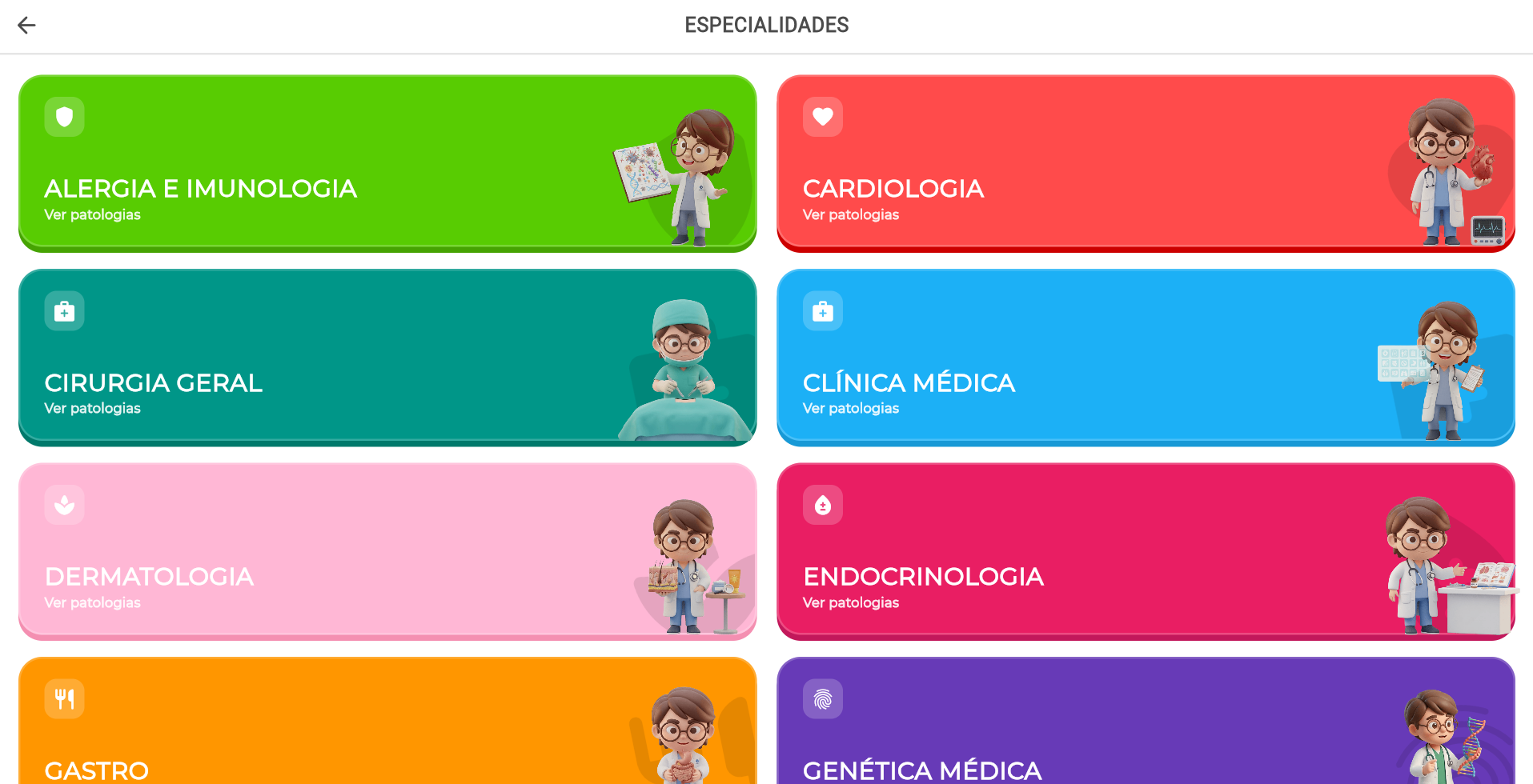Biblioteca — grade de especialidades: Alergia, Cardiologia, Cirurgia, Clínica Médica