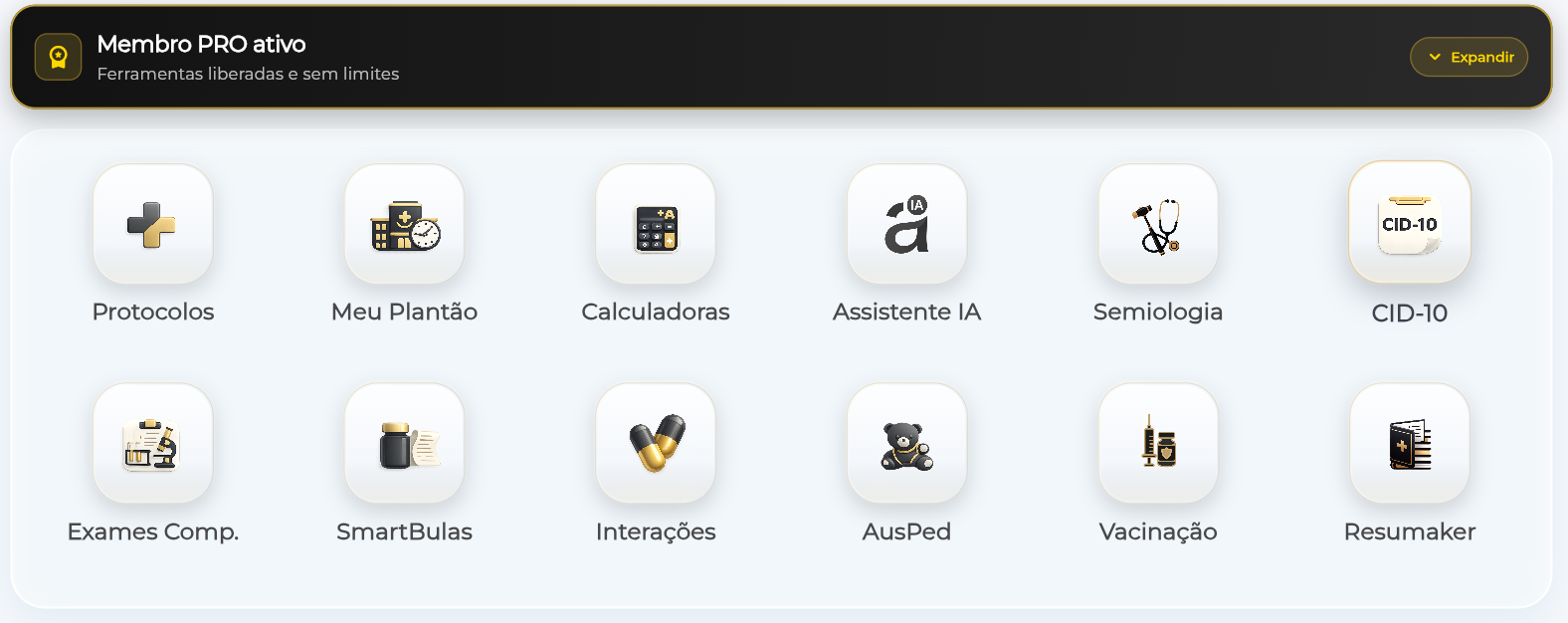 Painel Minhas Ferramentas PRO — 12 ferramentas clínicas com badge Membro PRO ativo