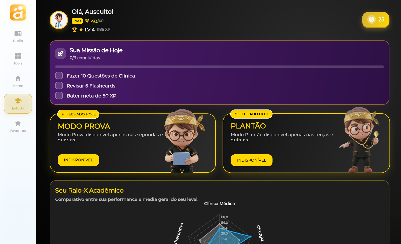 Estudo — Missão de Hoje, Modo Prova, Plantão e Raio-X Acadêmico