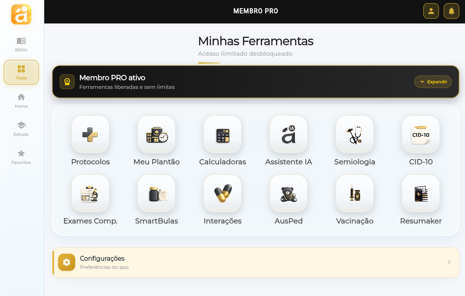 Minhas Ferramentas PRO — grade com 12 ferramentas e badge Membro PRO