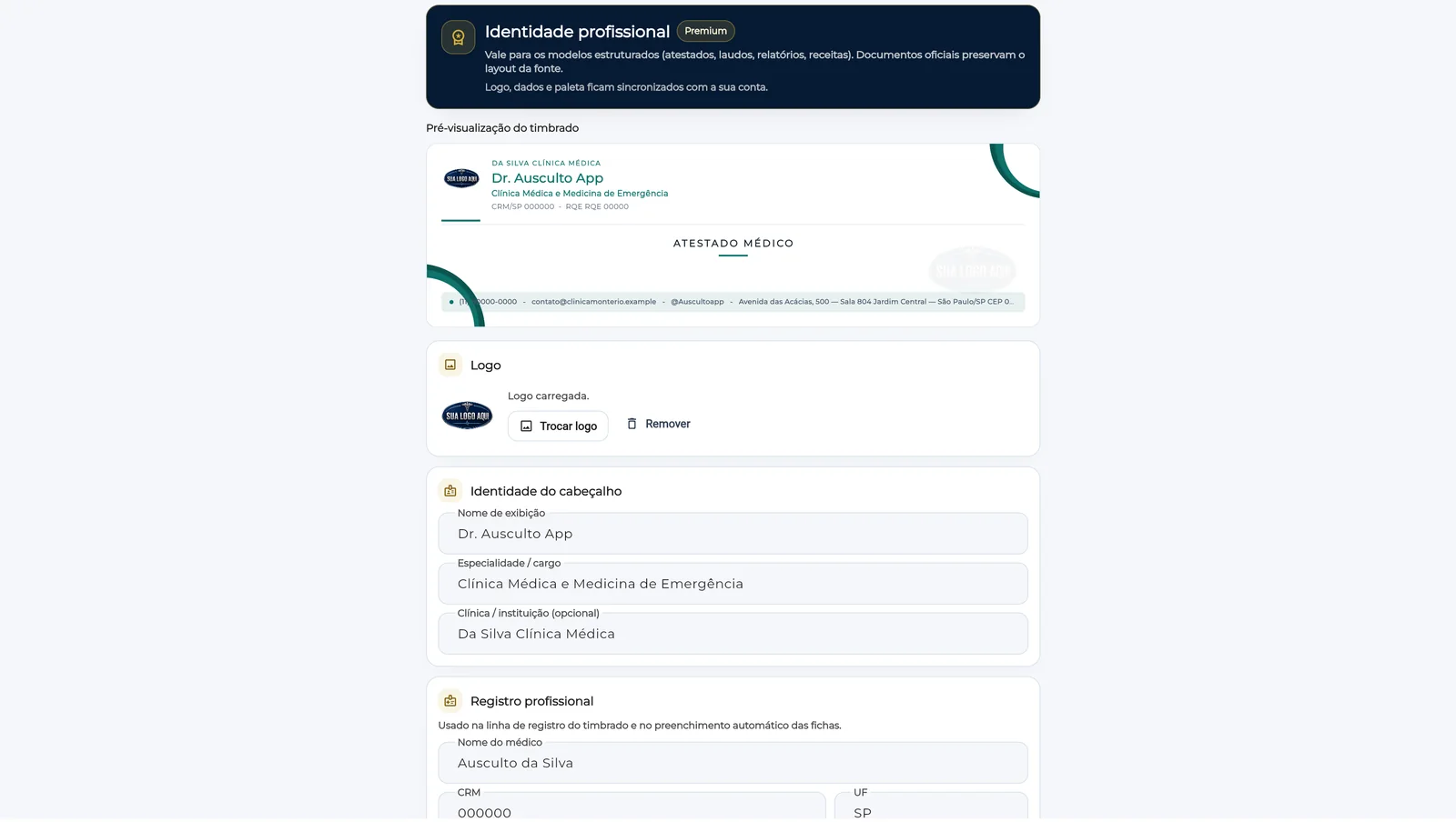 Tela de identidade profissional: logo, nome médico, especialidade, instituição e CRM aplicados aos documentos