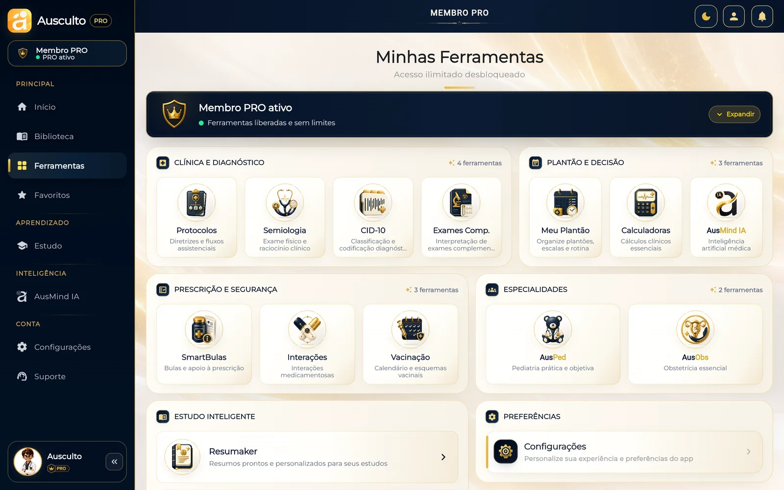 Hub Minhas Ferramentas do Ausculto: Protocolos, Semiologia, CID-10, Exames, Meu Plantão, Calculadoras, AusMind IA, SmartBulas, Interações, Vacinação, AusPed, AusObs e Resumaker