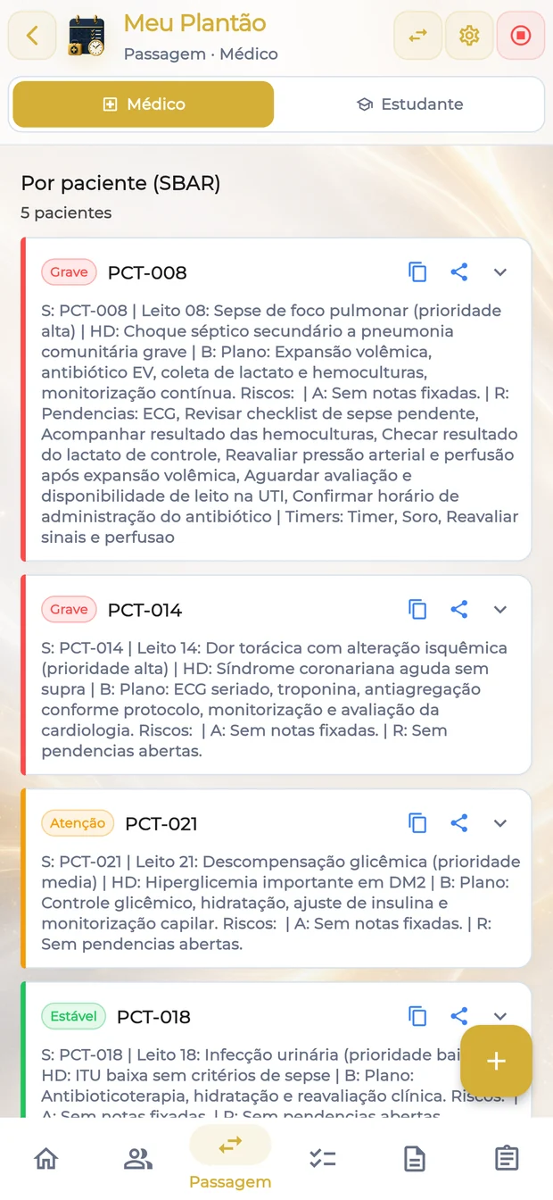 Passagem de plantão SBAR por paciente no celular: PCT-008, PCT-014, PCT-021 e PCT-018
