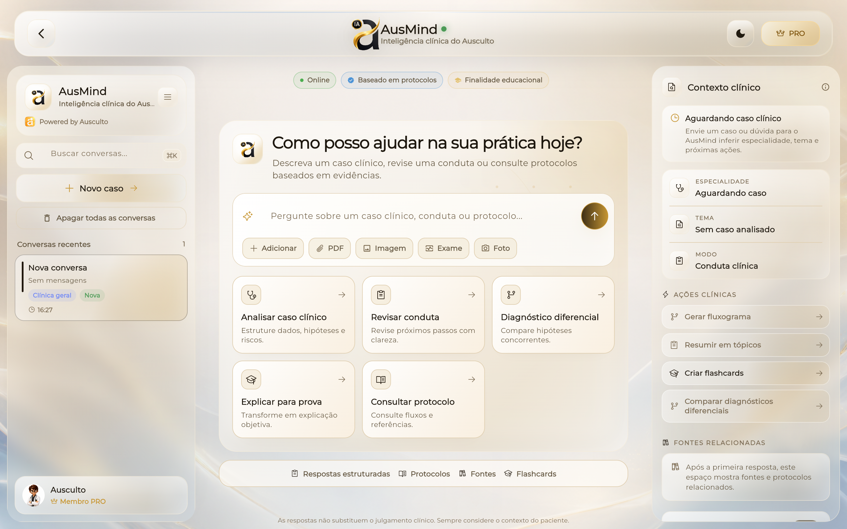 Tela do AusMind IA no Ausculto, com resposta baseada em protocolos e fontes visíveis