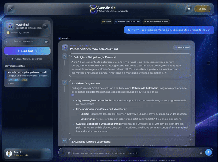 AusMind IA do Ausculto em uso, com resposta contextual e organização do raciocínio clínico