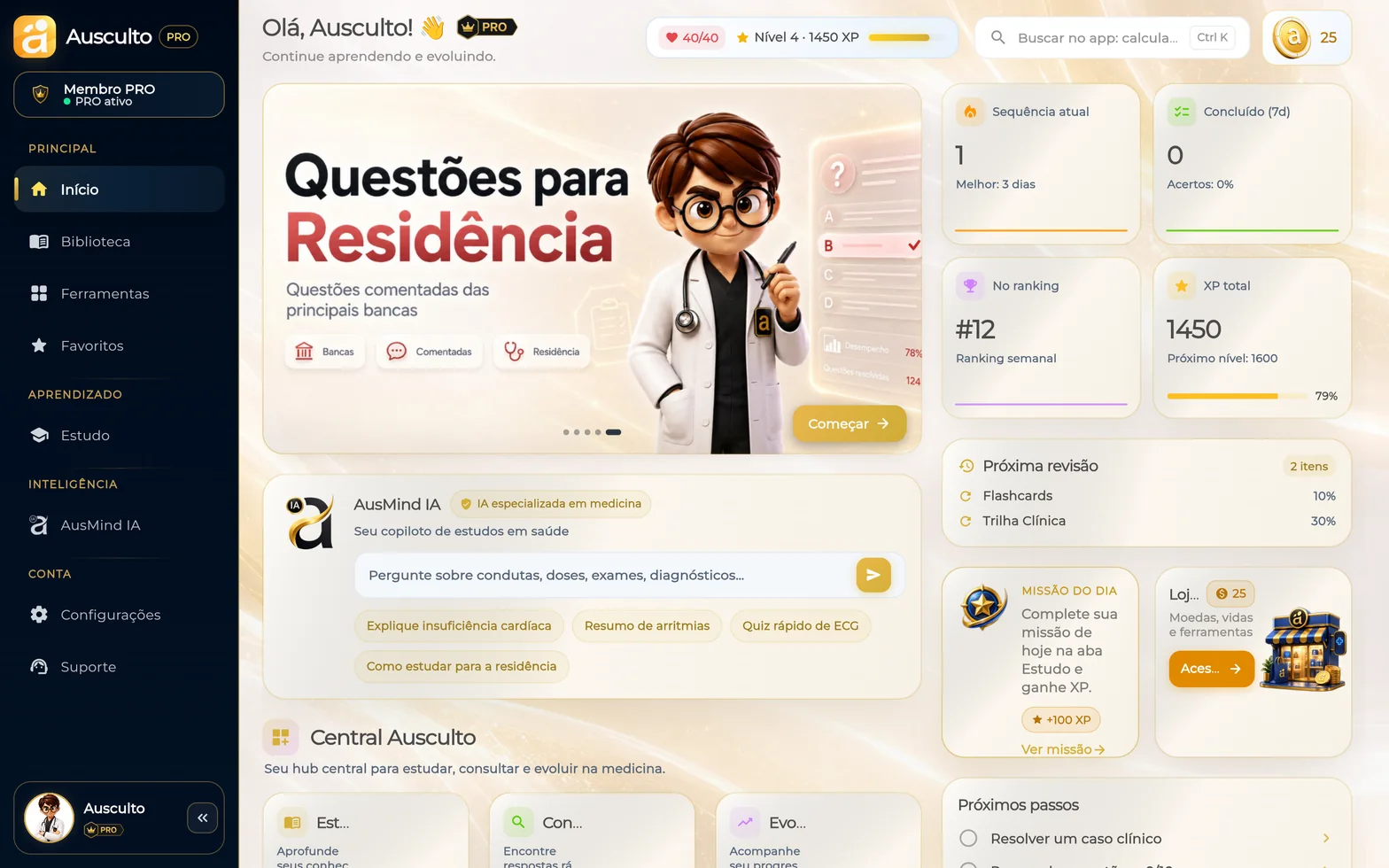 Início do modo estudante: questões para residência, sequência de estudo, XP e Central Ausculto