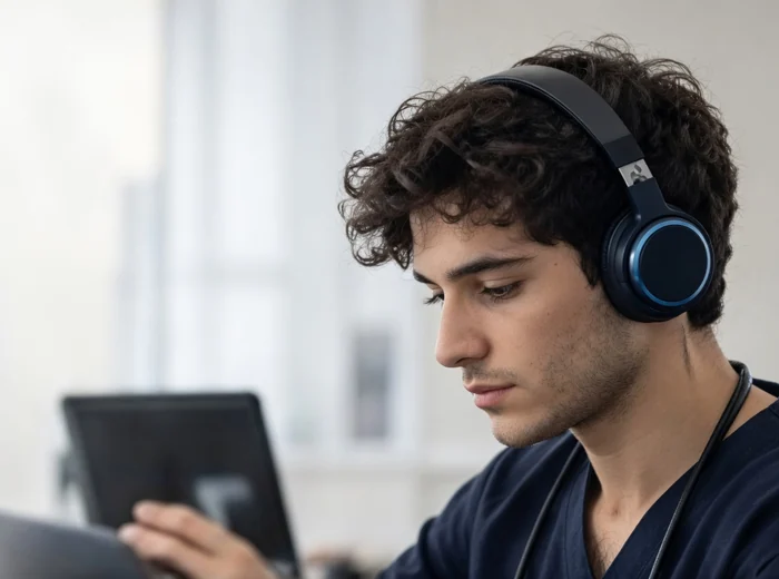 Estudante de medicina com fones de ouvido estudando pelo tablet