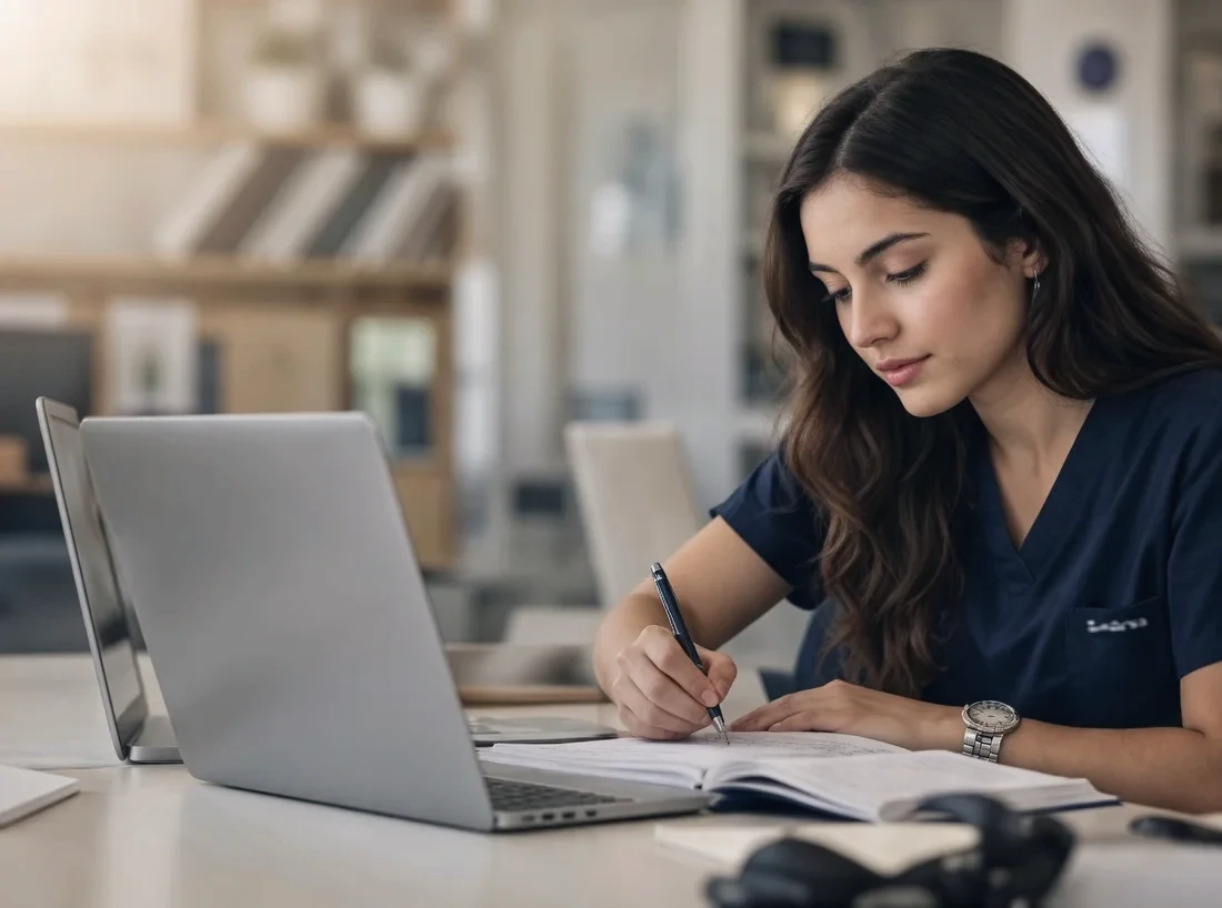 Estudante de medicina fazendo anotações ao lado do notebook