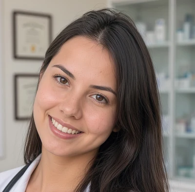 Dra. Maria Júlia Gomes Ferreira Santos, médica de família, de jaleco e estetoscópio no consultório