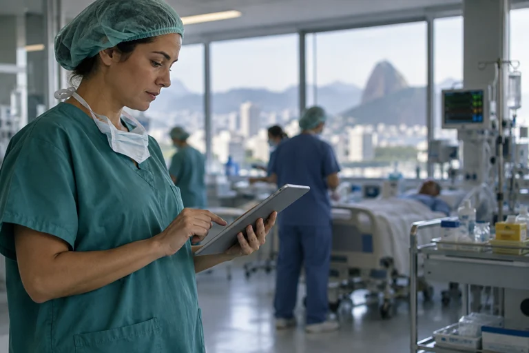 Médica consultando um tablet no hospital