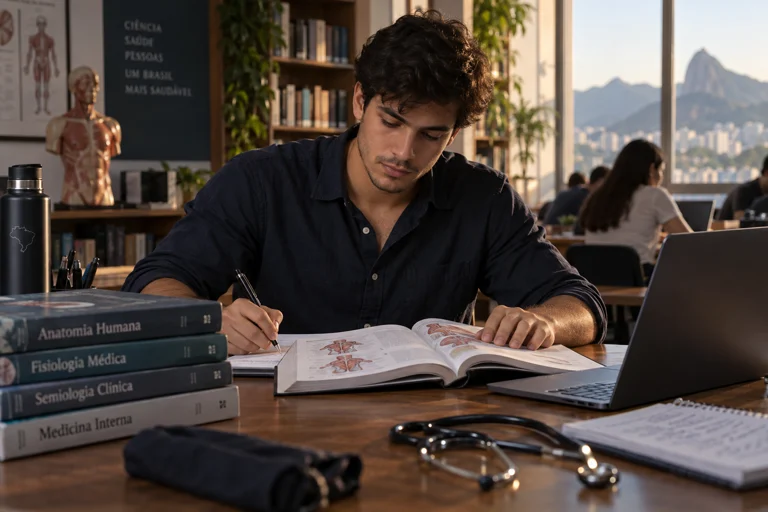 Estudante de Medicina revisando conteúdo à mesa