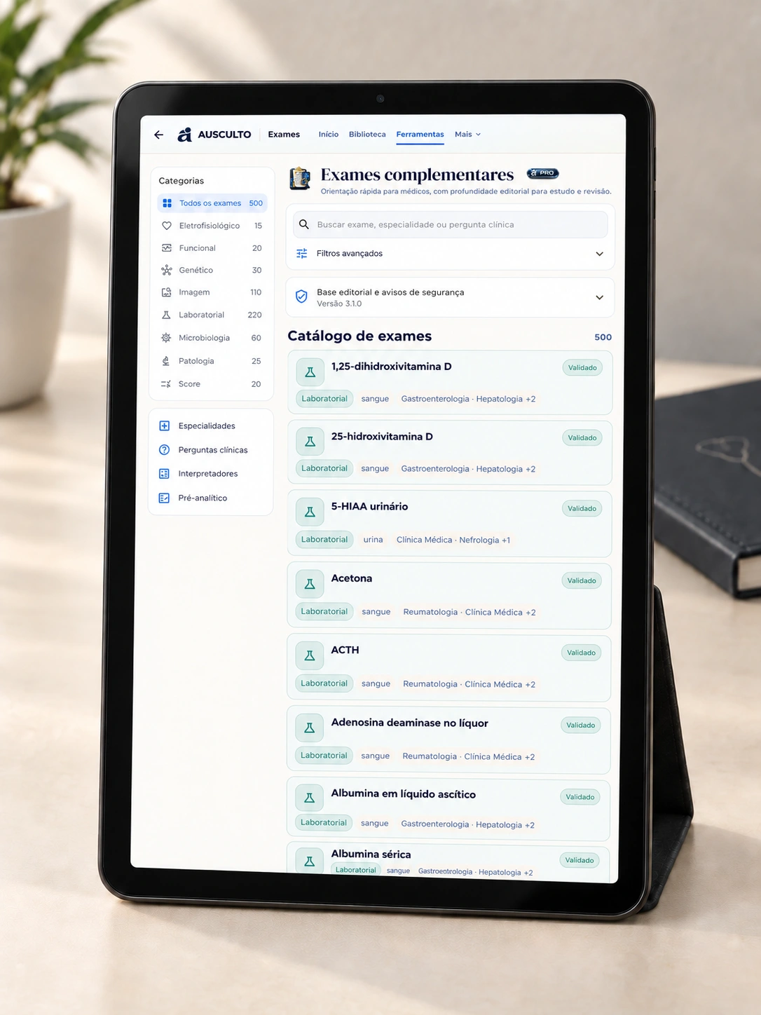 Catálogo de exames apresentados no tablet